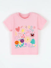 Pink kids t-shirt with colorful cartoon hearts, flowers, butterflies, happy blessed print