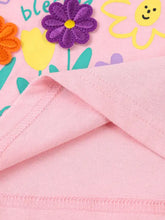 Pink childrens t-shirt with flower appliques, smiling sun, machine wash cold