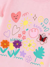 Pink childrens t-shirt with flower appliques, smiling faces, machine wash cold