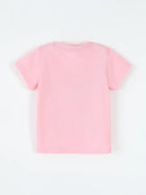 Children’s cartoon graphic short sleeve t-shirt in soft pink with flower appliques