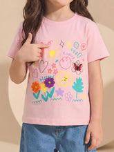 Pink childrens t-shirt with flower appliques, happy blessed graphic