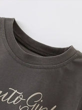 Dark gray kids cartoon rabbit print t-shirt with girly text, machine wash cold