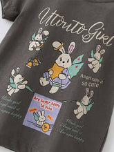 Children’s cartoon rabbit print dark gray t-shirt with utorito girl and angel bunnies
