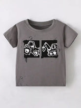 Gray kids crew neck t-shirt with black white construction vehicle graphic