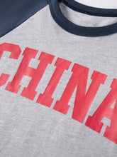 Children’s China raglan sleeve t-shirt, gray/navy, bold red lettering, machine wash cold
