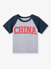 Children’s China raglan sleeve t-shirt, gray/navy, red lettering, machine wash cold