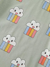 Sage green childrens cloud rainbow print T-shirt fabric, machine wash cold