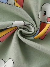 Sage green childrens cloud rainbow print T-shirt fabric, machine wash cold