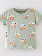 Sage green childrens cloud rainbow print t-shirt with cartoon cupcakes