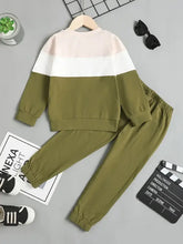 Childrens color block sweatshirt and sweatpants set in olive green