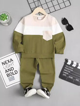 Childrens color block sweatshirt and sweatpants set in olive green