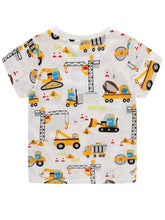 White toddler t-shirt with yellow vehicle print, machine wash cold