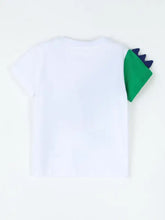 Back of childrens crocodile graphic round neck t-shirt with dinosaur tail applique, machine wash cold