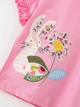 Pink childrens bunny flower applique ruffle sleeve T-shirt, machine wash cold
