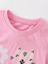 Children’s cute cartoon applique pink t-shirt with cat face, flowers, sequins