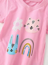 Pink kids cute cartoon applique t-shirt with cat rabbit flower rainbow sequins