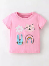Pink cute cartoon applique toddler t-shirt with flower, cat, bunny, rainbow