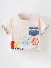 Cute cartoon caterpillar applique on pink white striped kids t-shirt