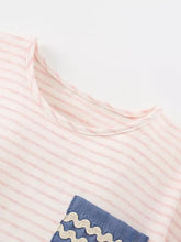 Children’s cute cartoon caterpillar striped T-shirt with pink white stripes denim pocket