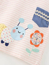 Cute cartoon caterpillar applique on childrens striped pink t-shirt