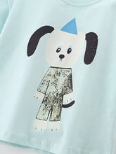 Light blue childrens cartoon dog graphic t-shirt with party hat dog