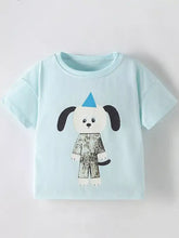 Light blue childrens cartoon dog graphic short sleeve t-shirt