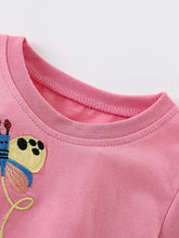 Pink childrens cute cartoon embroidered t-shirt with butterfly, machine wash cold