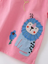Cute cartoon embroidered pink children’s dress with blue lion, machine wash cold