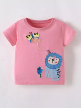 Cute cartoon embroidered pink childrens t-shirt with blue lion applique