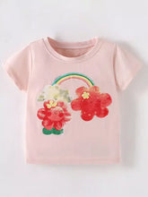 Cute cartoon flower pink toddler t-shirt with rainbow and smiling red flowers
