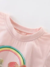 Pink cotton kids t-shirt with cute cartoon flower print, rainbow glitter graphic