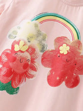 Cute cartoon flower print pink kids t-shirt with rainbow, machine wash cold