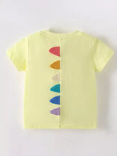 Back of kids pale yellow cartoon monster t-shirt with dino spine patches, machine wash cold
