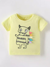 Pale yellow kids cartoon monster graphic t-shirt back with rainbow spikes, machine wash cold