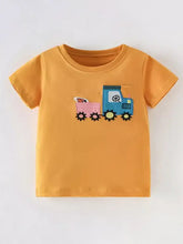 Children’s mustard-yellow t-shirt with cute blue truck graphic applique, machine wash cold
