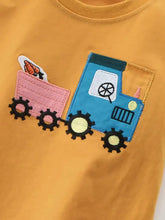 Children’s cute cartoon truck graphic t-shirt with blue pink tractor applique