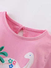 Pink children’s t-shirt with white dinosaur graphic, cute dinosaur graphic, machine wash cold