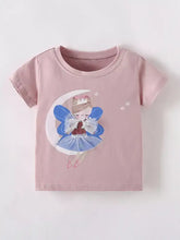 Pink short-sleeved toddler t-shirt with cute fairy graphic on moon