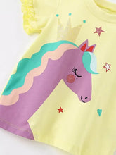 Yellow childrens unicorn graphic t-shirt with purple unicorn, rainbow mane, gold crown