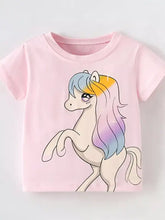 Pink short-sleeved childrens unicorn graphic t-shirt with rainbow unicorn