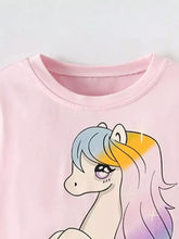 Pink cotton childrens unicorn graphic t-shirt with smiling unicorn