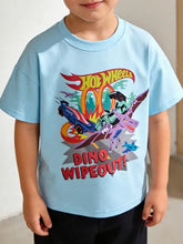Light blue Hot Wheels Dino Wipeout graphic tee, natural cotton