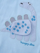 Light blue dinosaur applique t-shirt, machine wash cold