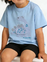 Light blue dinosaur applique childrens t-shirt with gray stegosaurus