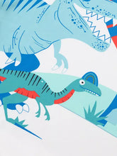 Playful teal dinosaur graphic on childrens crew neck t-shirt, machine wash cold