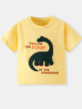 Yellow dinosaur round neck childrens t-shirt with follow the roar text
