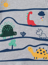 Gray cotton round neck childrens dinosaur onesie with playful landscape