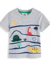 Children’s dinosaur graphic round neck tee, gray short-sleeve with playful print