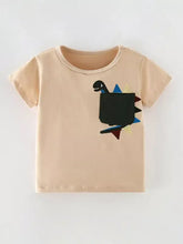 Children’s dinosaur pocket t-shirt with beige dino applique and colorful spikes, machine wash cold