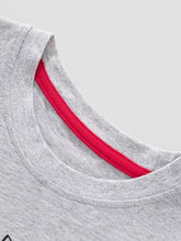 Children’s dinosaur round neck t-shirt with gray heathered cotton and red collar trim